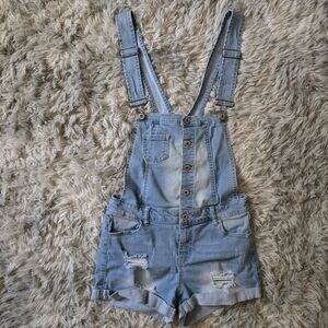 Wax Jean Light Blue Distressed Denim Short Overalls - Size Small